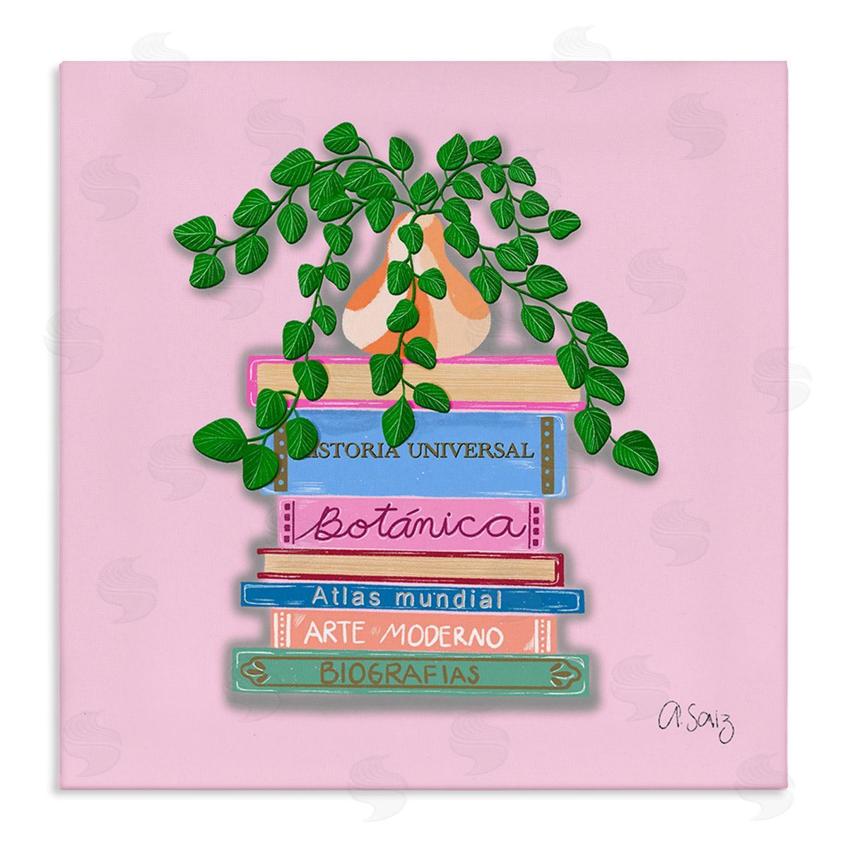 Ale Saiz Studio Bookstack with Plant Vase Canvas Wall Art Print