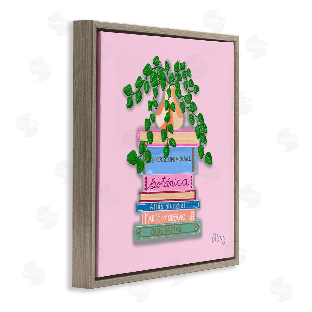 Ale Saiz Studio Bookstack with Plant Vase Brown Floating Frame Canvas Wall Art Print