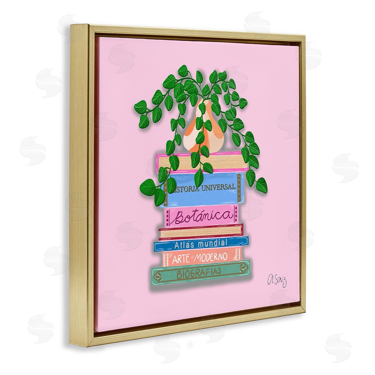 Ale Saiz Studio Bookstack with Plant Vase Gold Floating Frame Canvas Wall Art Print