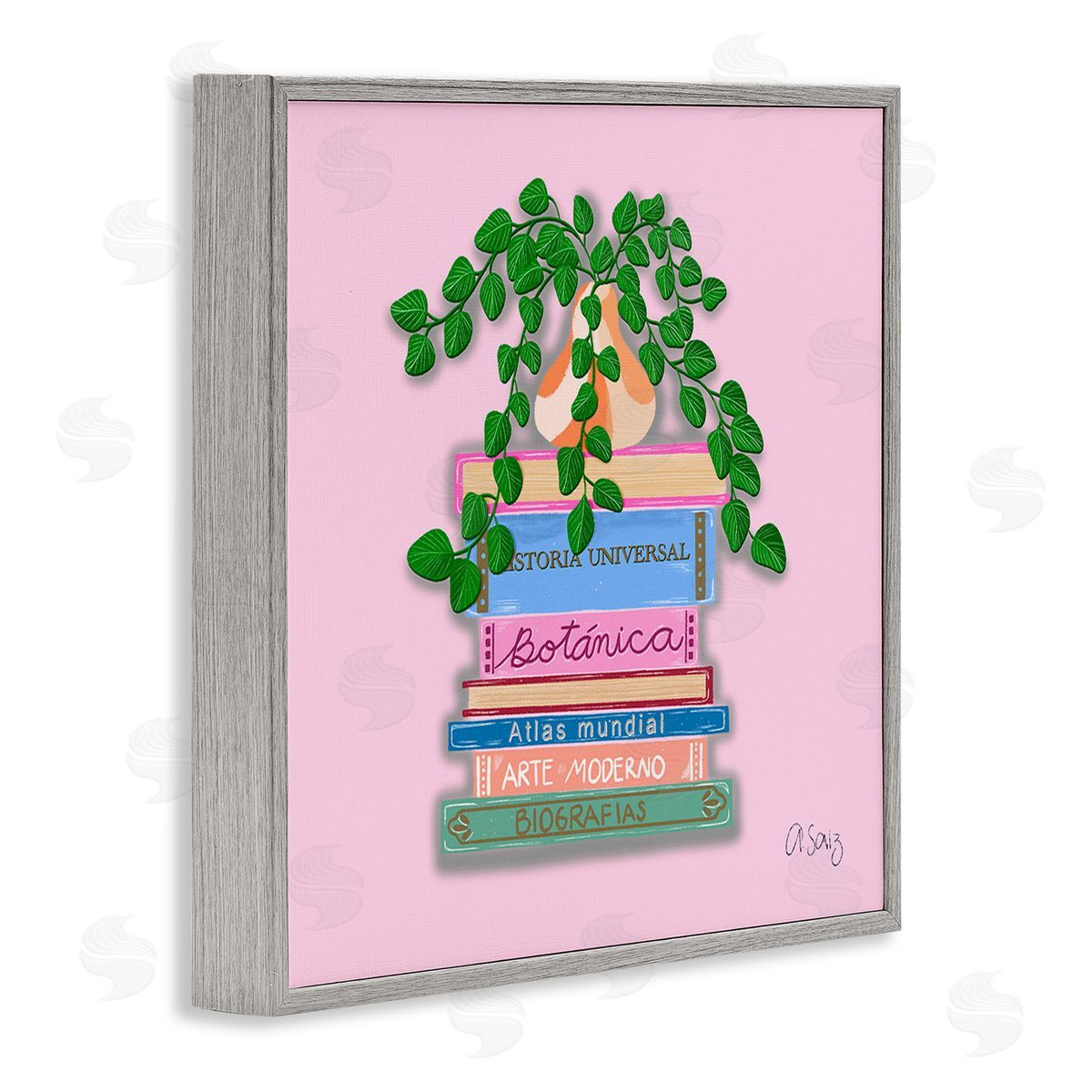 Ale Saiz Studio Bookstack with Plant Vase Gray Framed Giclee Wall Art Print