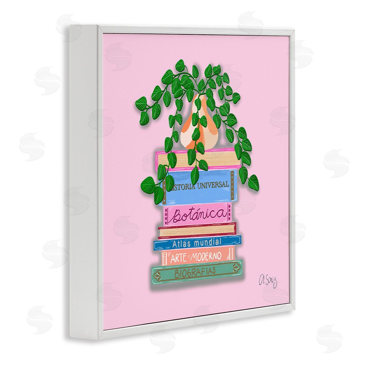 Ale Saiz Studio Bookstack with Plant Vase White Framed Giclee Wall Art Print