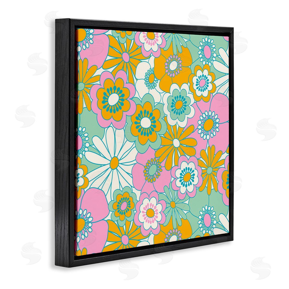 Carrie Cantwell Groovy Flower Pattern Black Floating Frame Canvas Wall Art Print