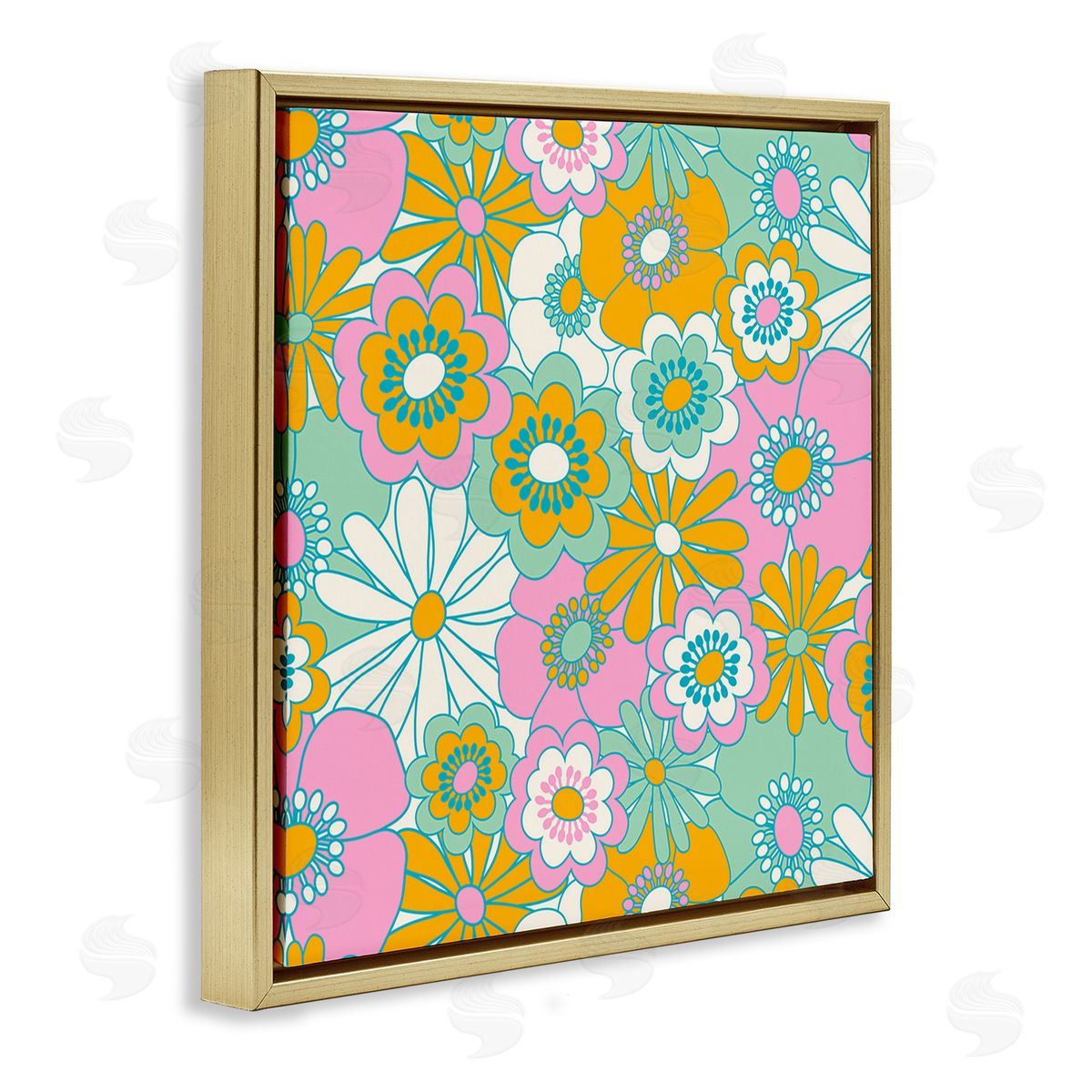 Carrie Cantwell Groovy Flower Pattern Gold Floating Frame Canvas Wall Art Print