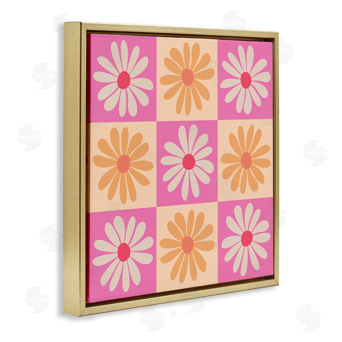 Carrie Cantwell Checkered Flower Pattern Gold Floating Frame Canvas Wall Art Print