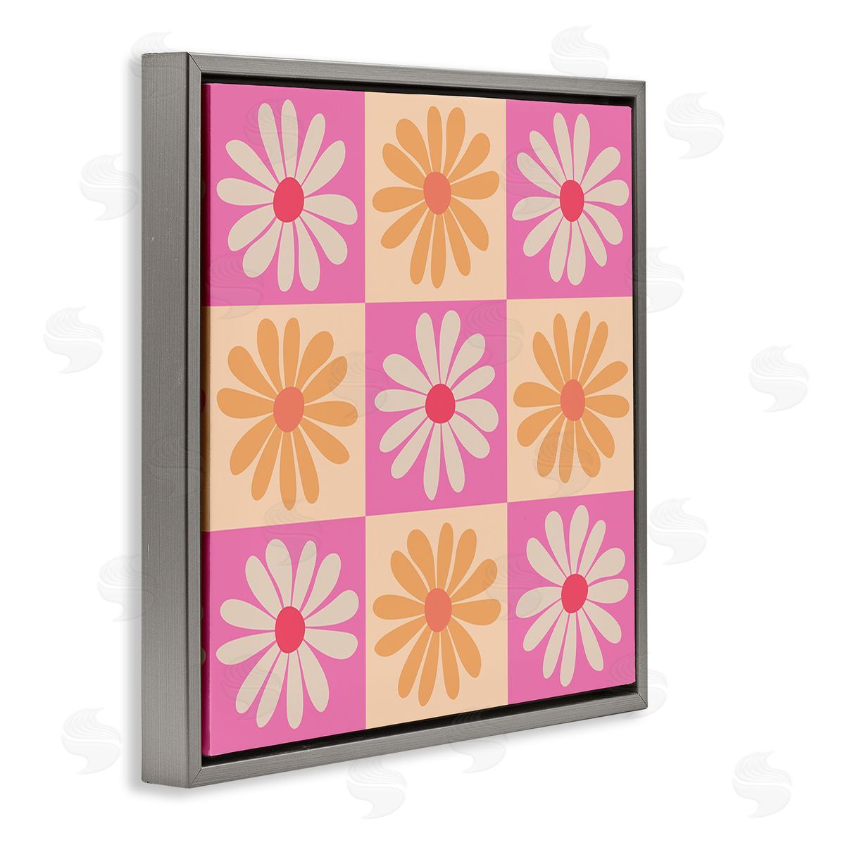 Carrie Cantwell Checkered Flower Pattern Gray Floating Frame Canvas Wall Art Print