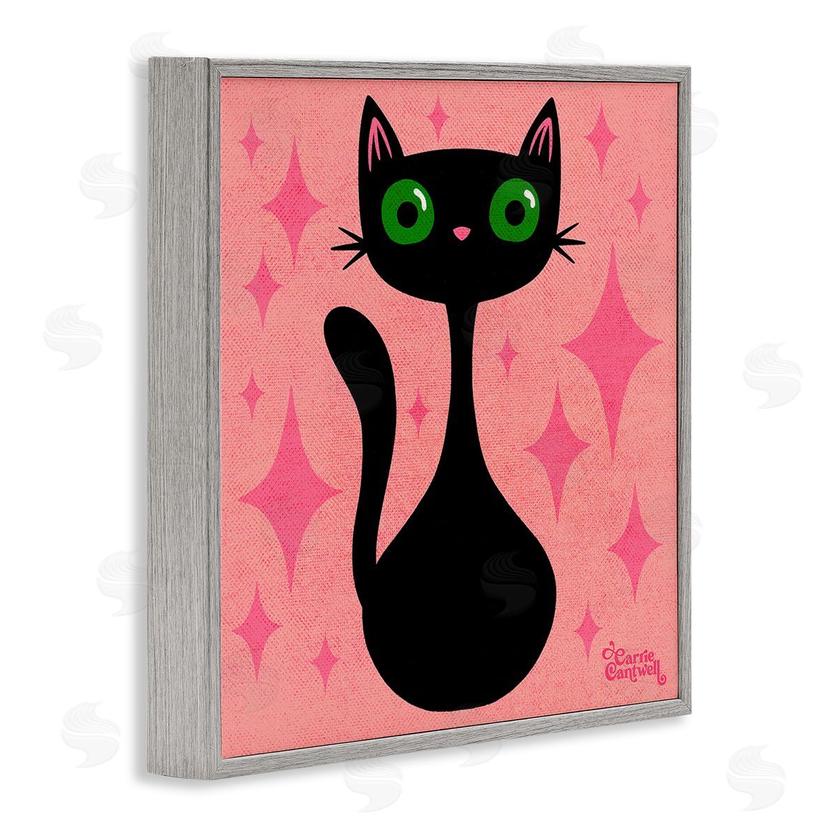 Carrie Cantwell Cat with Pink Diamonds Gray Framed Giclee Wall Art Print