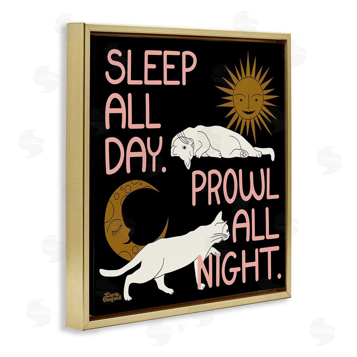 Carrie Cantwell Night & Day Cats Gold Floating Frame Canvas Wall Art Print