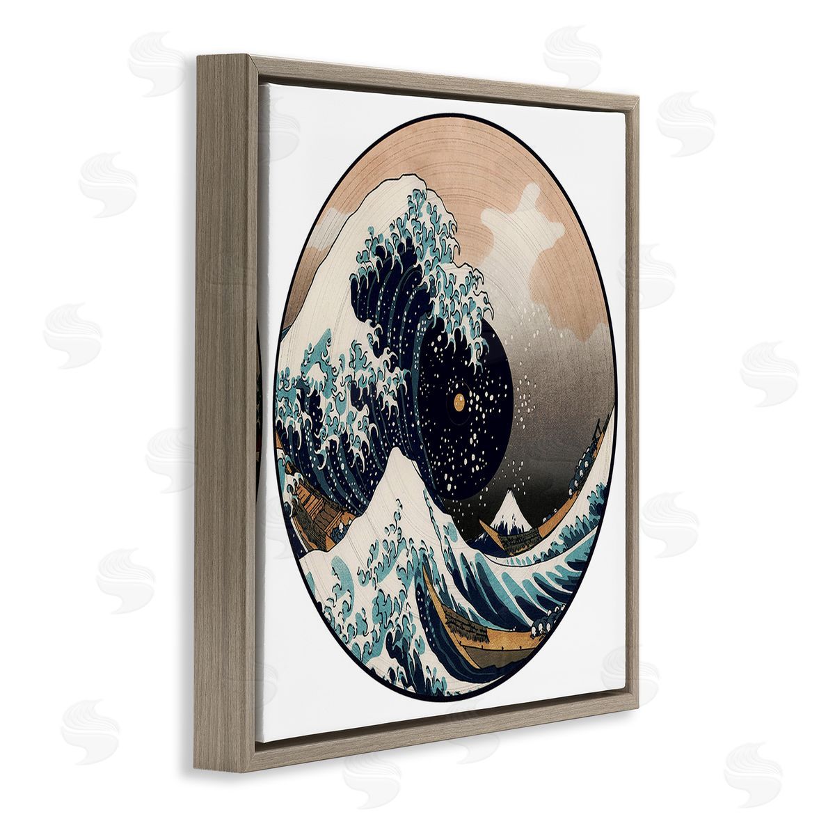 Carrie Cantwell Japanese Wave Music Record Brown Floating Frame Canvas Wall Art Print
