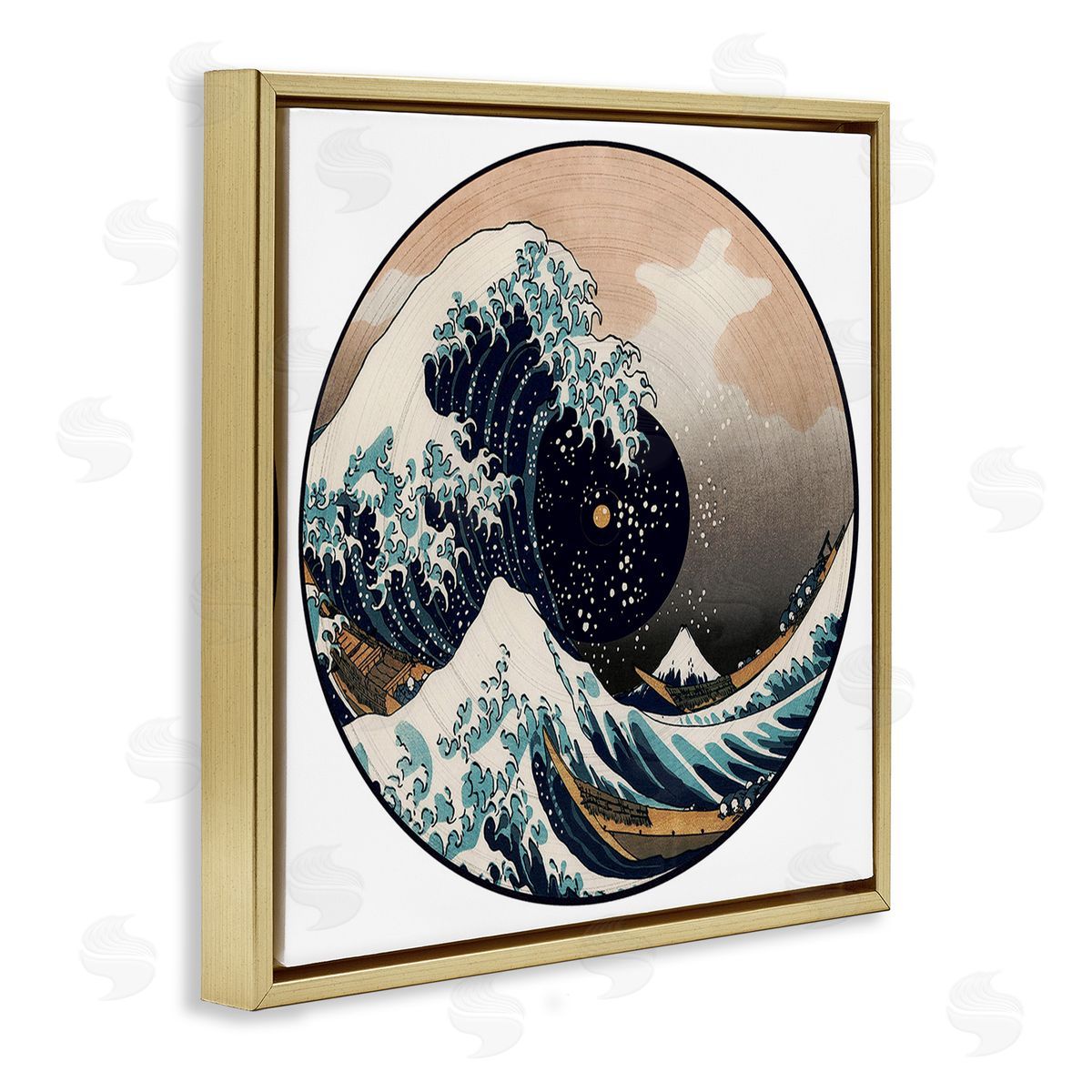 Carrie Cantwell Japanese Wave Music Record Gold Floating Frame Canvas Wall Art Print