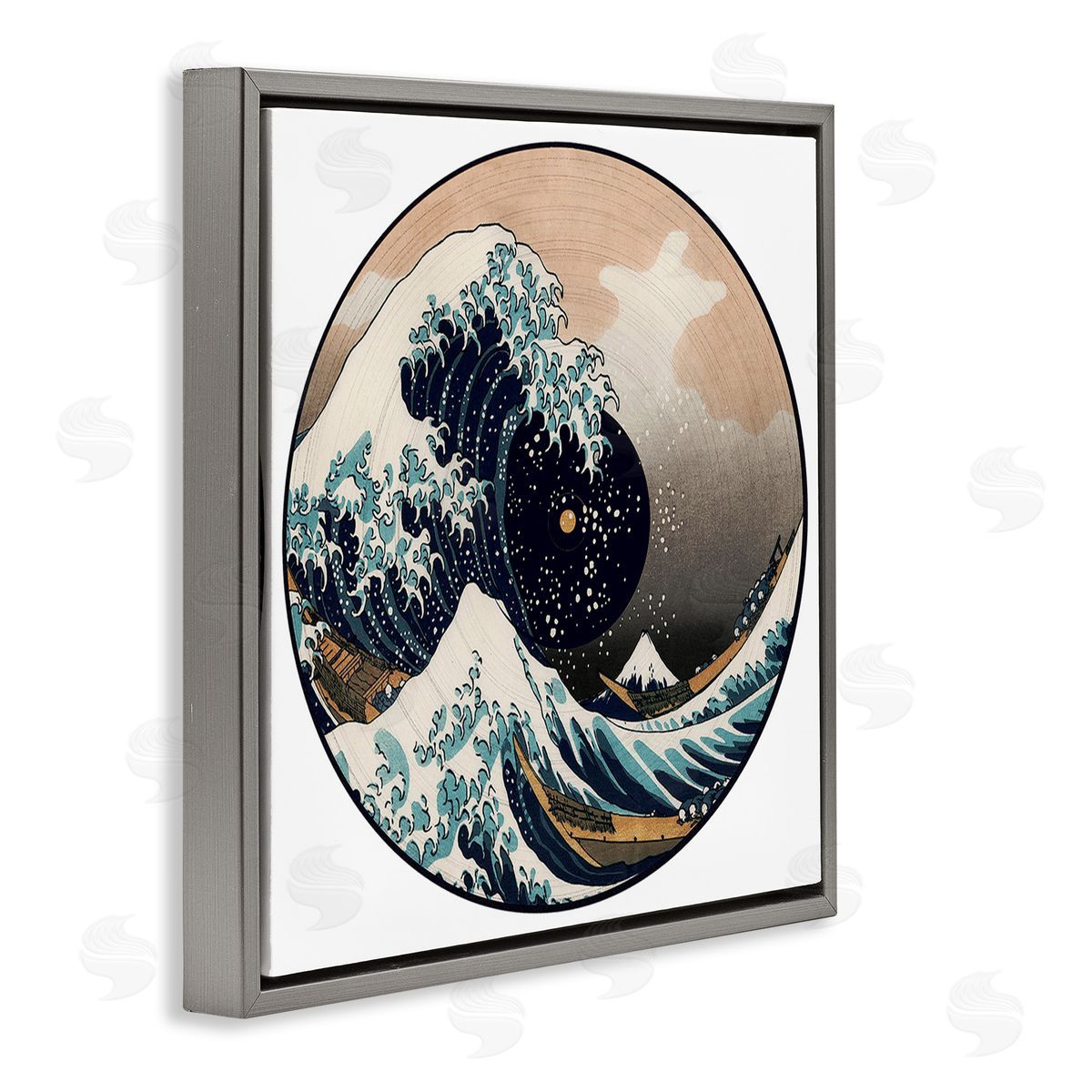 Carrie Cantwell Japanese Wave Music Record Gray Floating Frame Canvas Wall Art Print