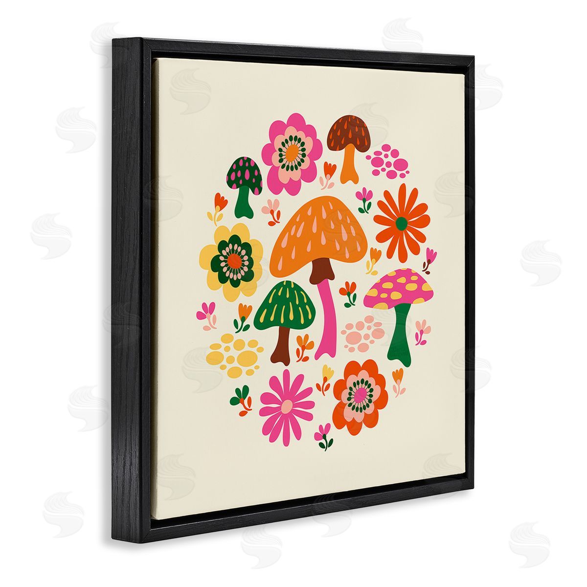 Carrie Cantwell Groovy Mushrooms & Daisies Black Floating Frame Canvas Wall Art Print