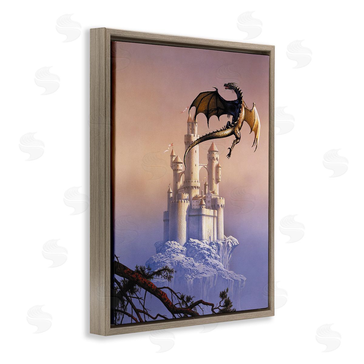 Ciruelo Magical Dragon & Castle Brown Floating Frame Canvas Wall Art Print