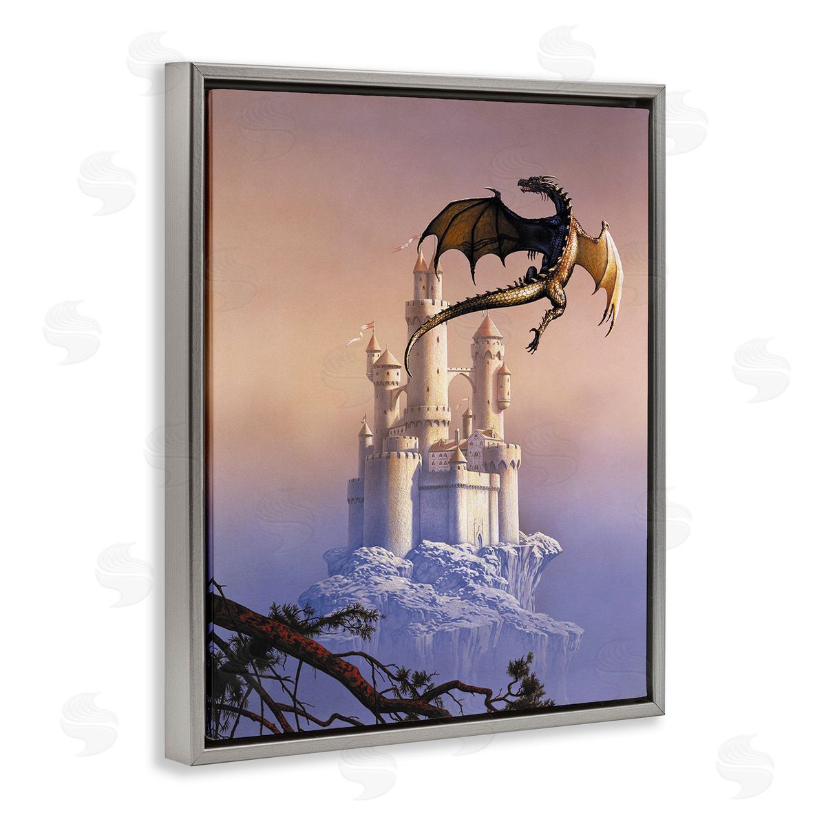 Ciruelo Magical Dragon & Castle Gray Floating Frame Canvas Wall Art Print