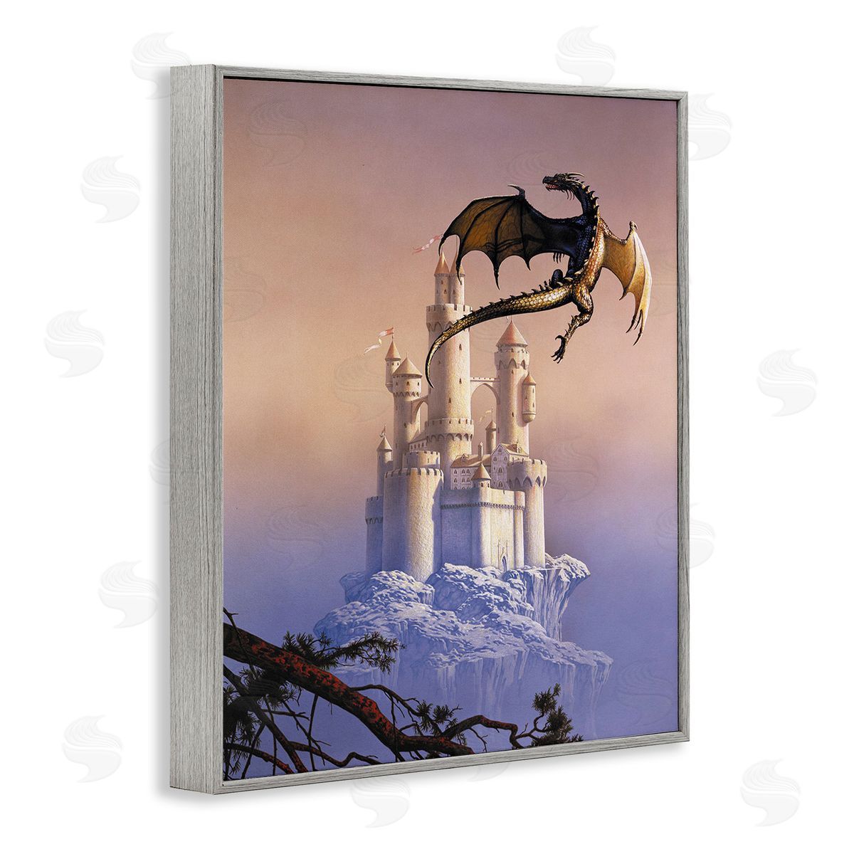Ciruelo Magical Dragon & Castle Gray Framed Giclee Wall Art Print
