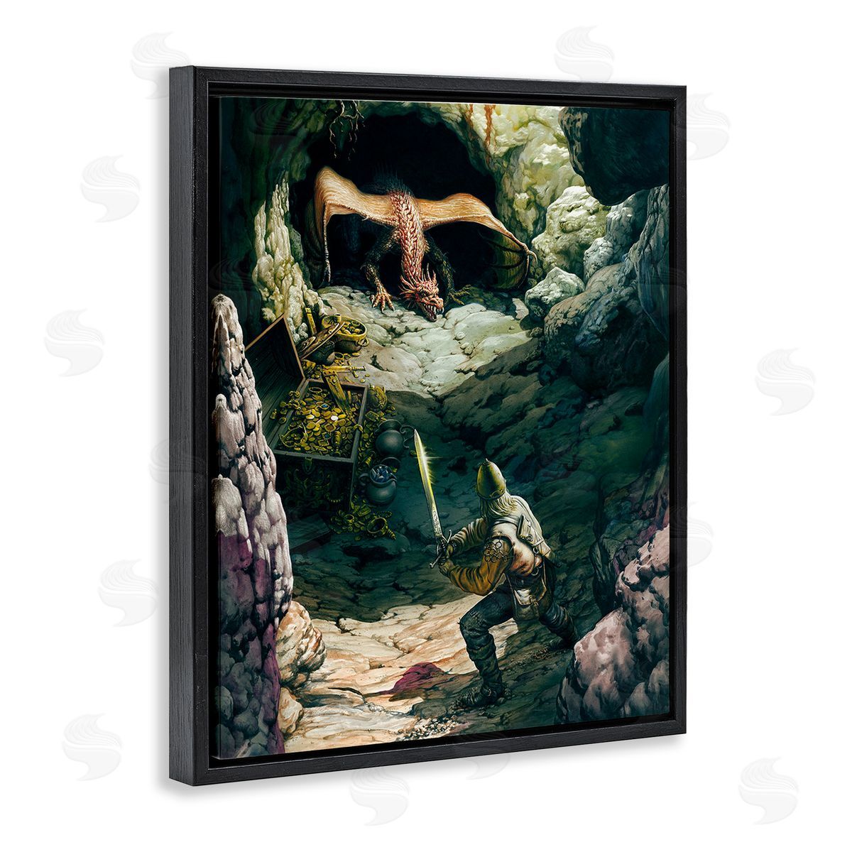 Ciruelo Dragon & Knight Battle Black Floating Frame Canvas Wall Art Print