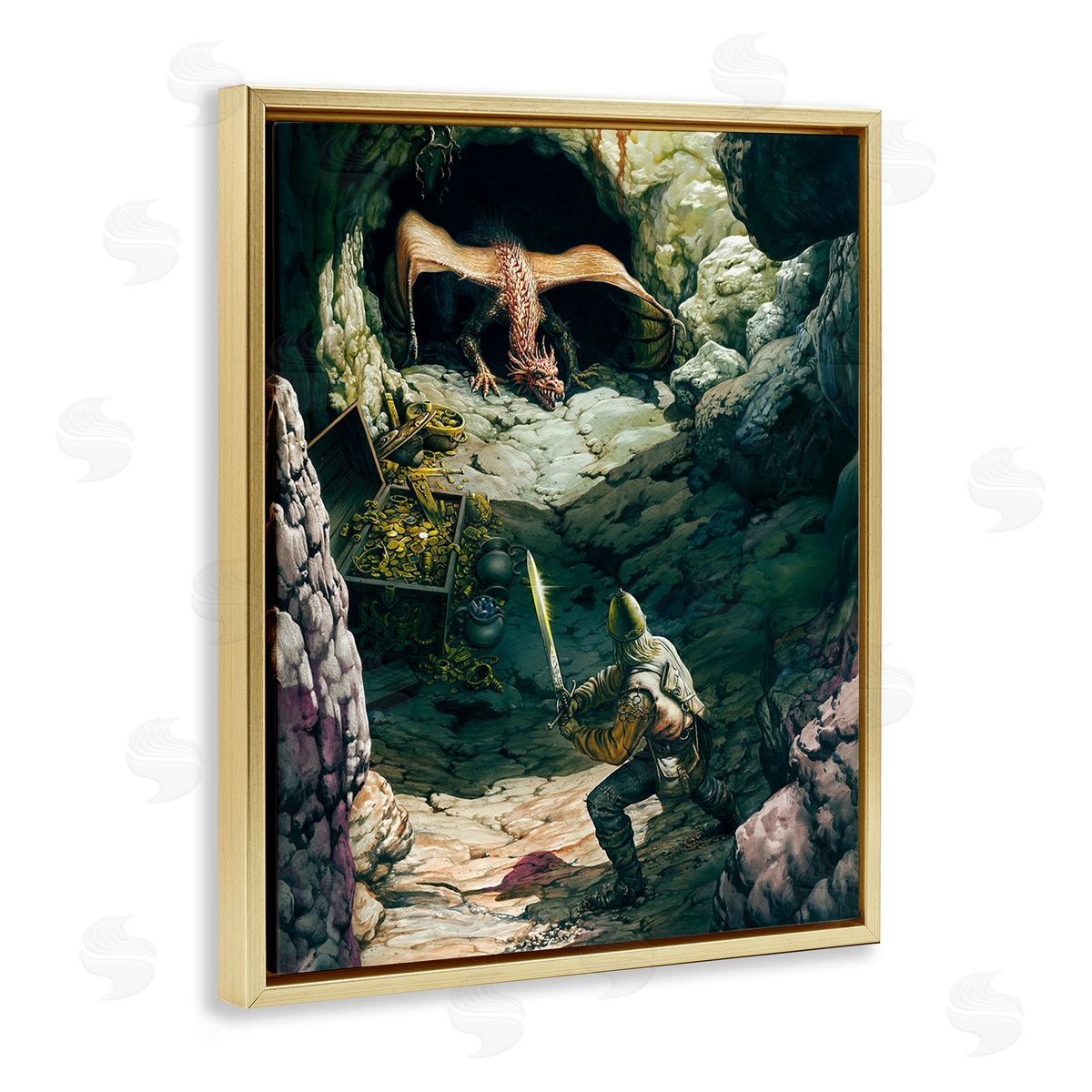 Ciruelo Dragon & Knight Battle Gold Floating Frame Canvas Wall Art Print