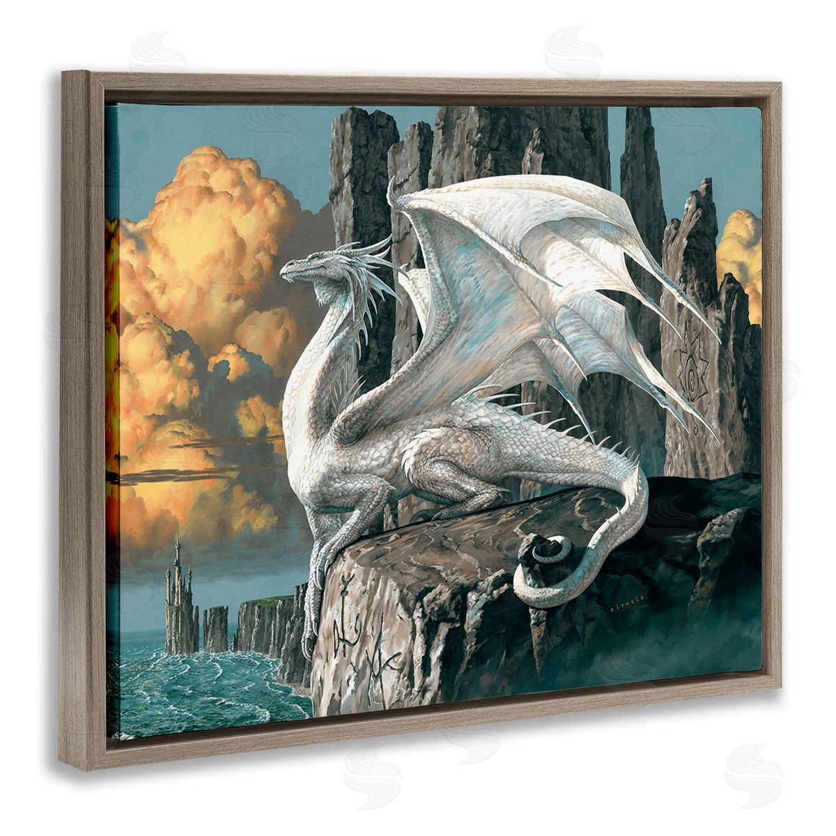 Ciruelo Dragon Perched on Cliff Brown Floating Frame Canvas Wall Art Print