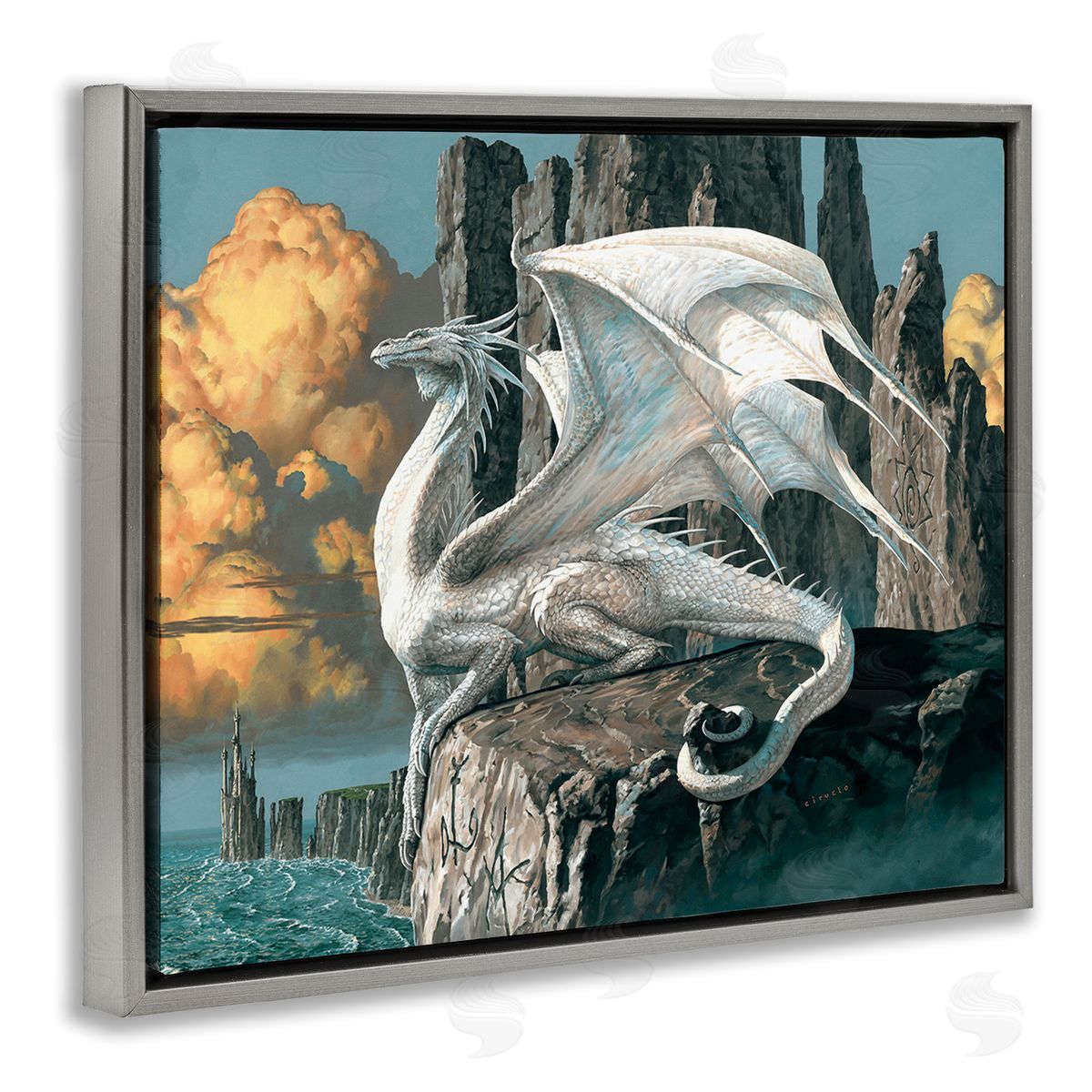 Ciruelo Dragon Perched on Cliff Gray Floating Frame Canvas Wall Art Print