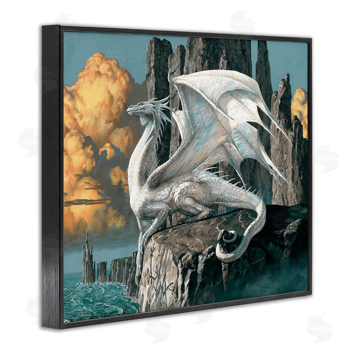 Ciruelo Dragon Perched on Cliff Black Framed Giclee Wall Art Print