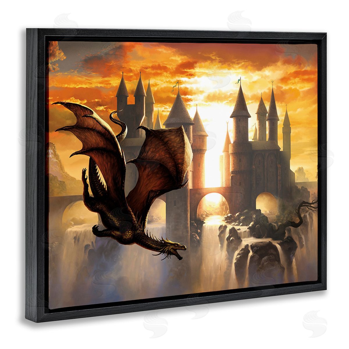 Ciruelo Dragon & Castle Waterfall Black Floating Frame Canvas Wall Art Print