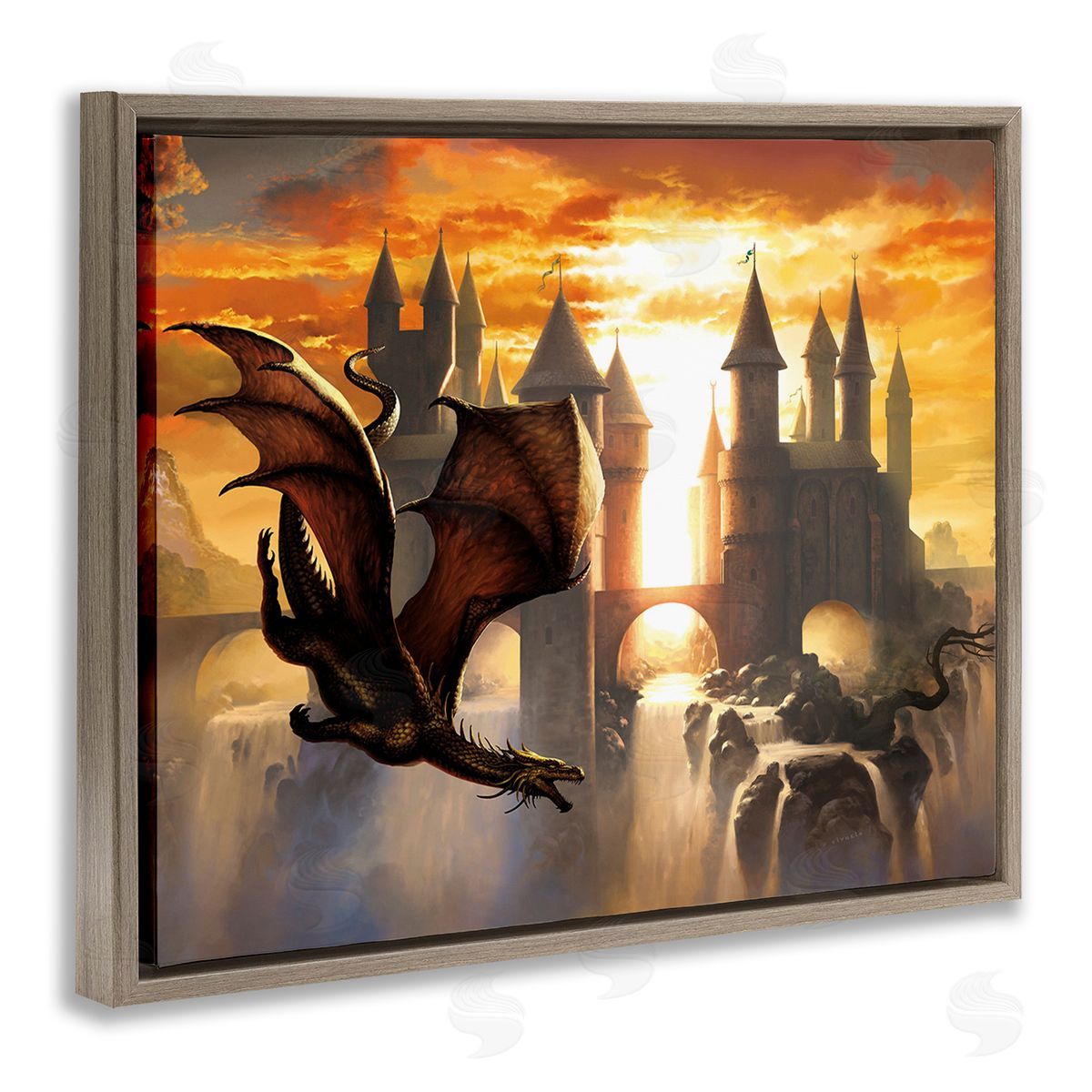 Ciruelo Dragon & Castle Waterfall Brown Floating Frame Canvas Wall Art Print