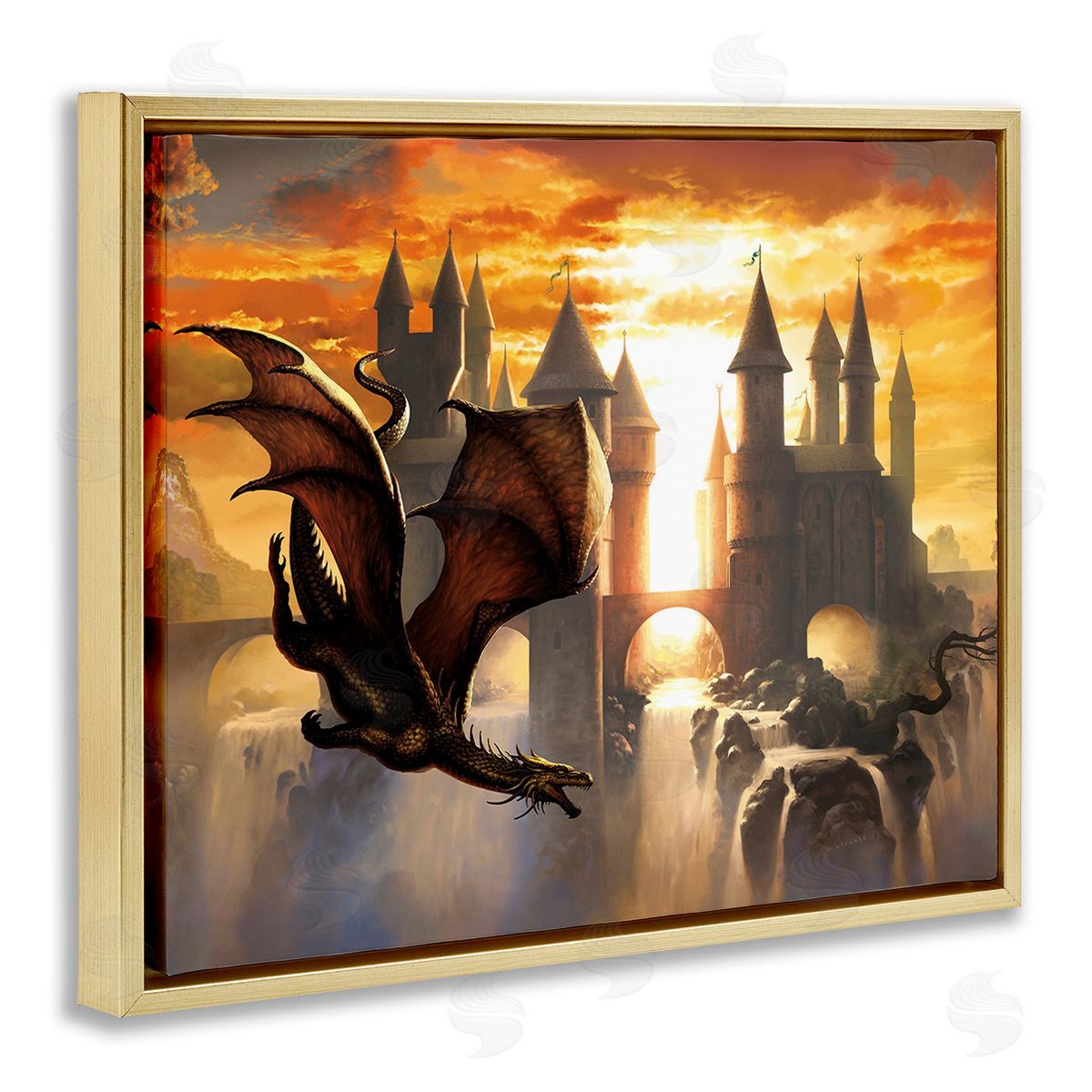 Ciruelo Dragon & Castle Waterfall Gold Floating Frame Canvas Wall Art Print