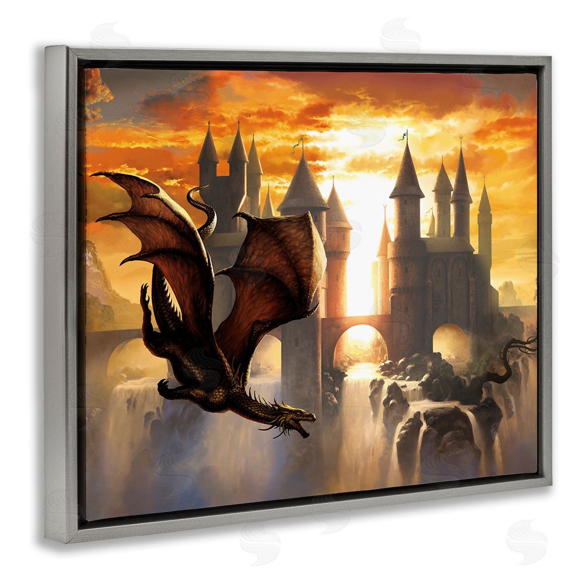Ciruelo Dragon & Castle Waterfall Gray Floating Frame Canvas Wall Art Print