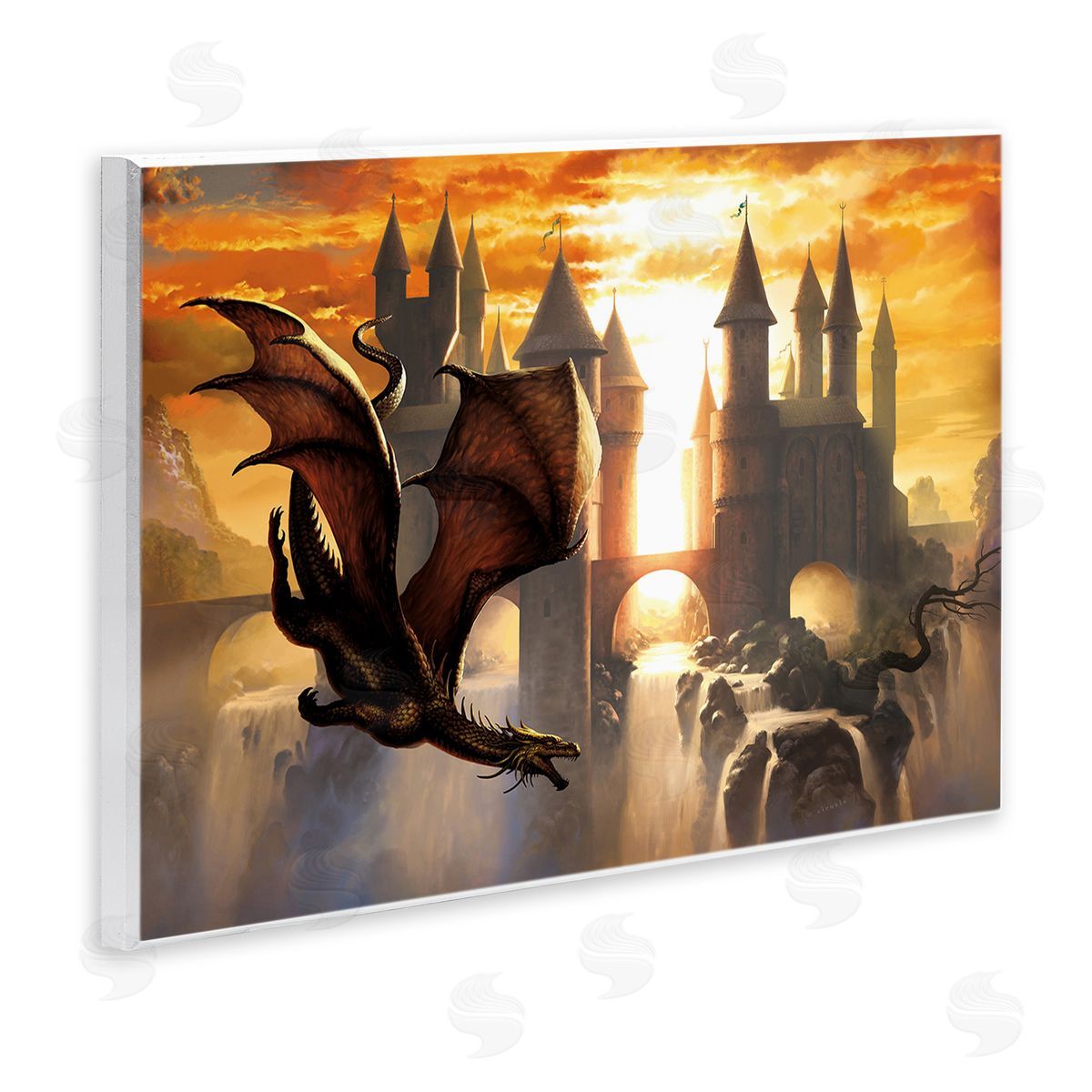 Ciruelo Dragon & Castle Waterfall Wooden Wall Plaque Art Print