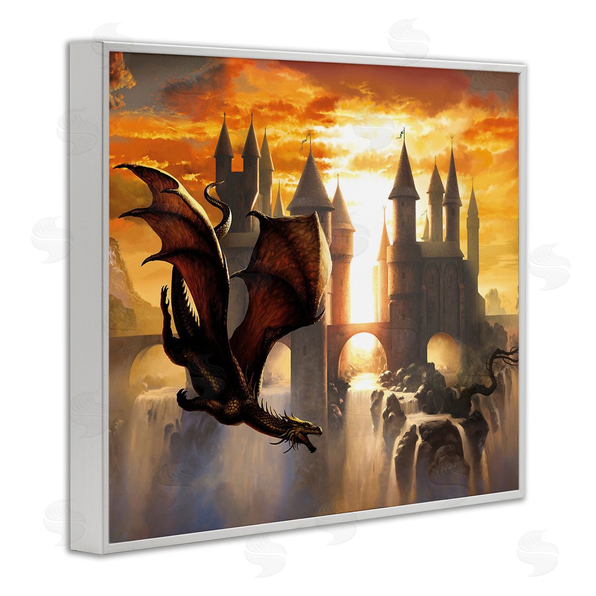 Ciruelo Dragon & Castle Waterfall White Framed Giclee Wall Art Print
