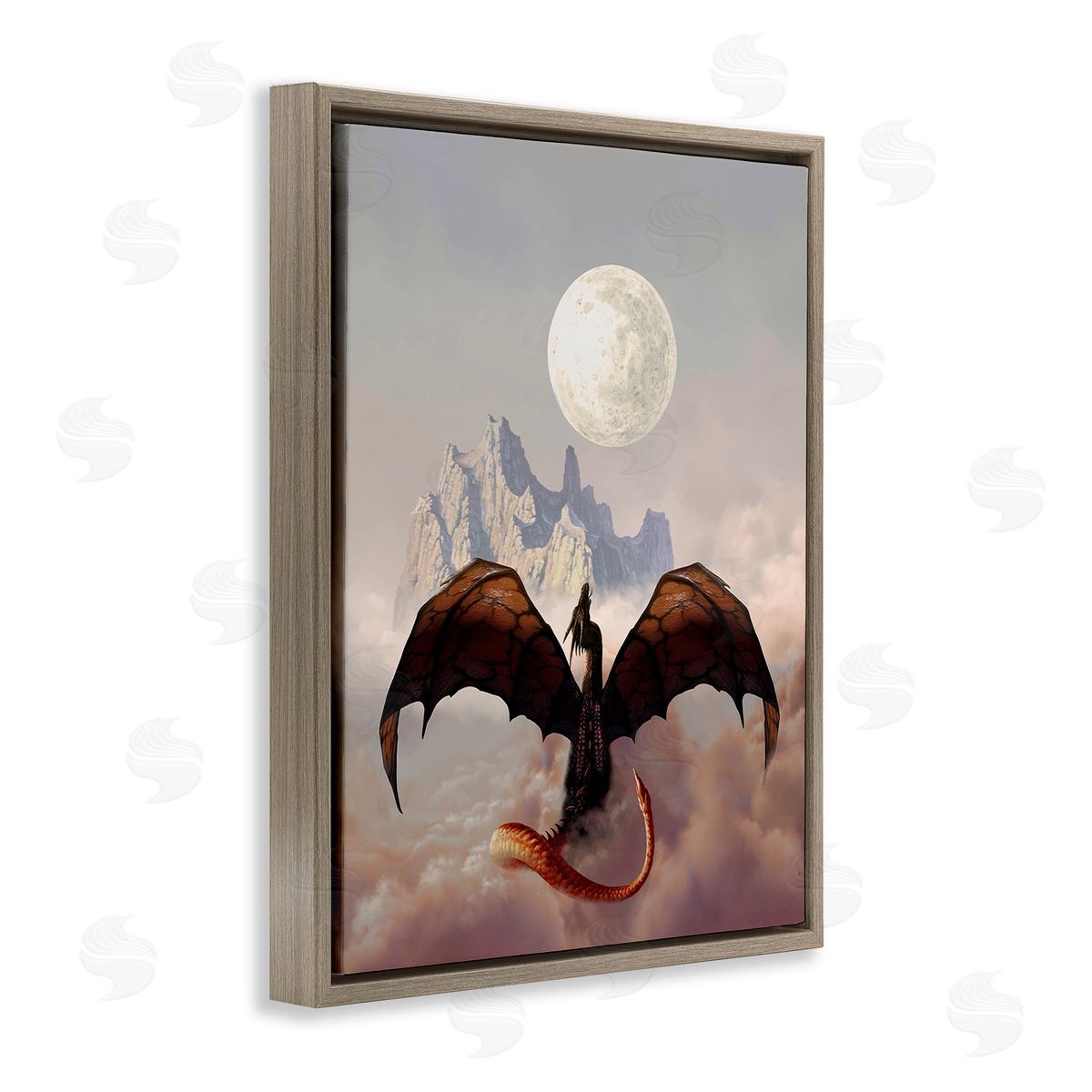 Ciruelo Dragon & Full Moon Brown Floating Frame Canvas Wall Art Print