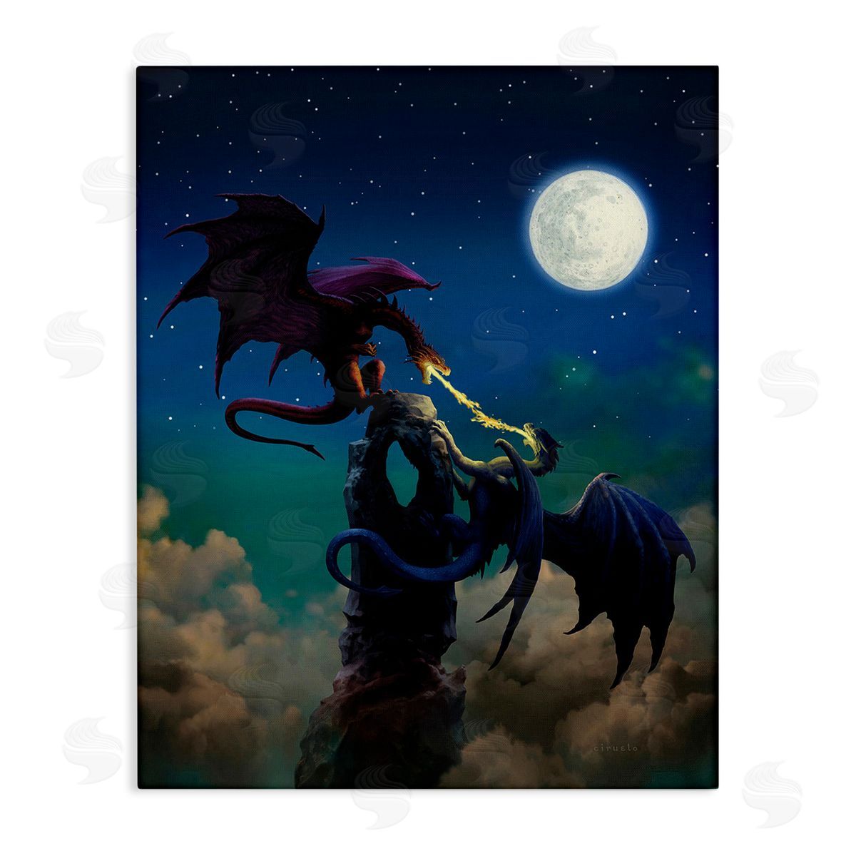 Ciruelo Battling Dragons at Night Canvas Wall Art Print