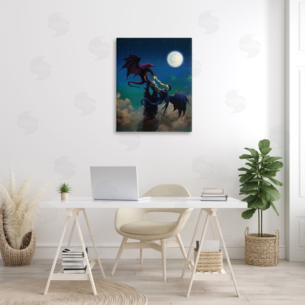 Ciruelo Battling Dragons at Night Canvas Wall Art Print in Room