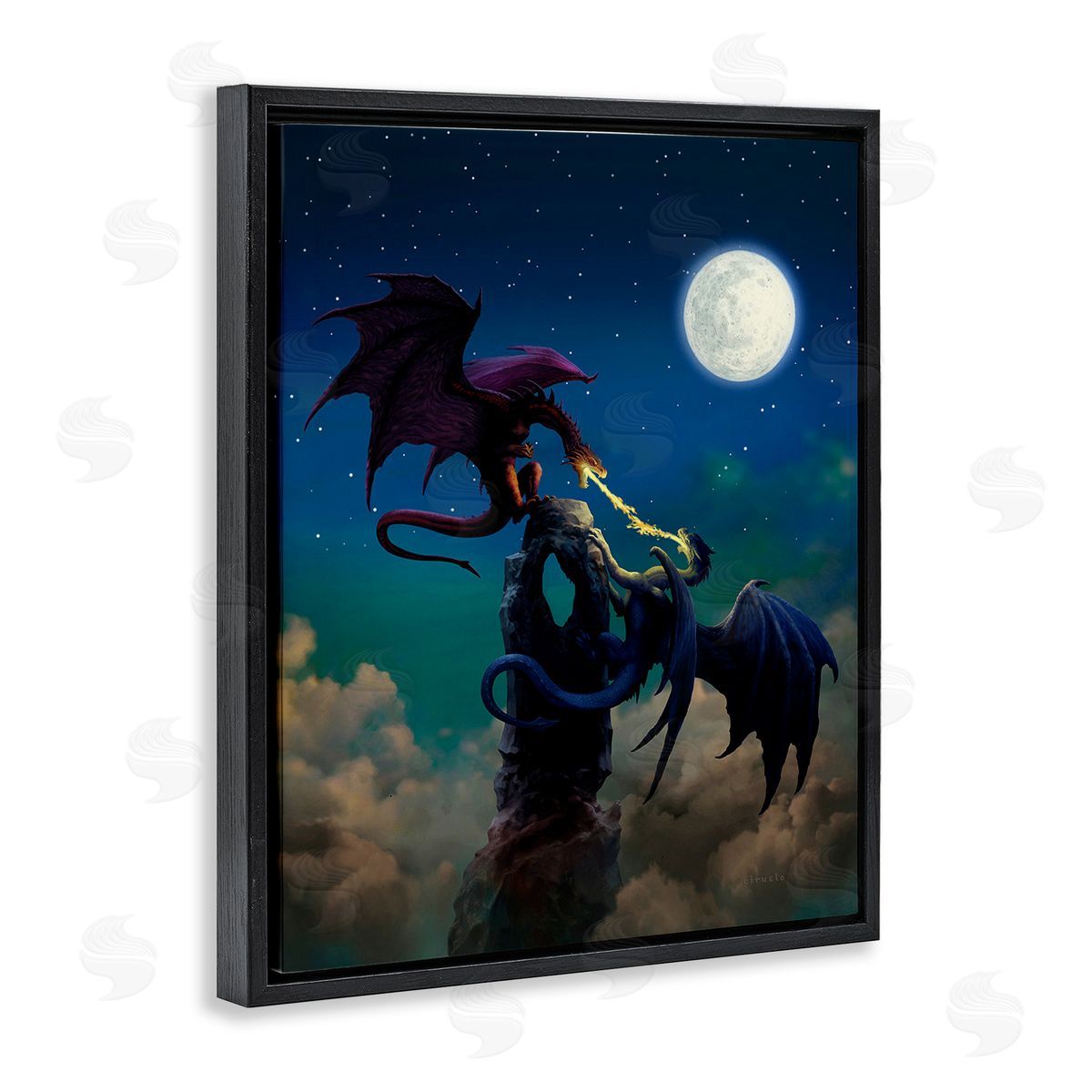 Ciruelo Battling Dragons at Night Black Floating Frame Canvas Wall Art Print