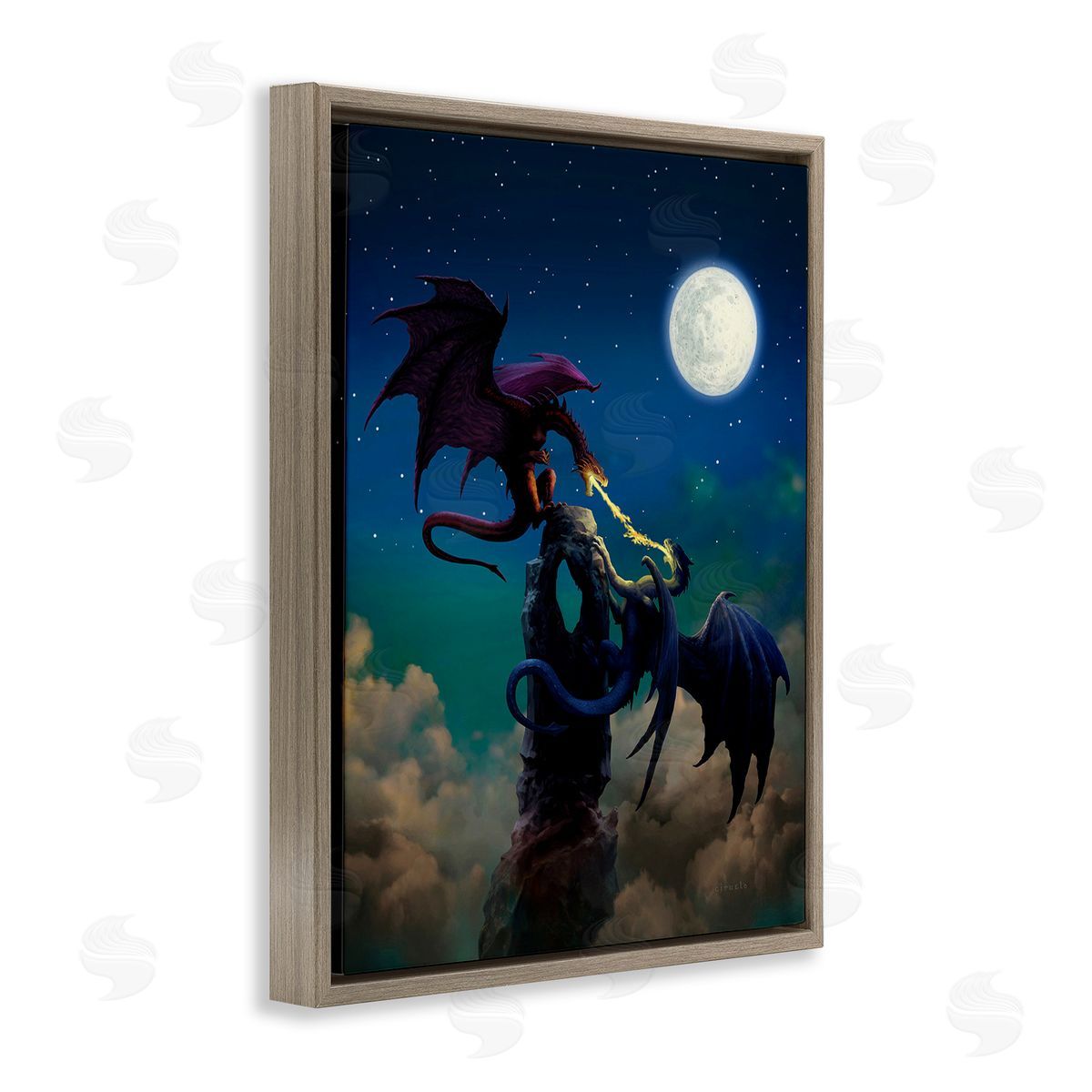 Ciruelo Battling Dragons at Night Brown Floating Frame Canvas Wall Art Print