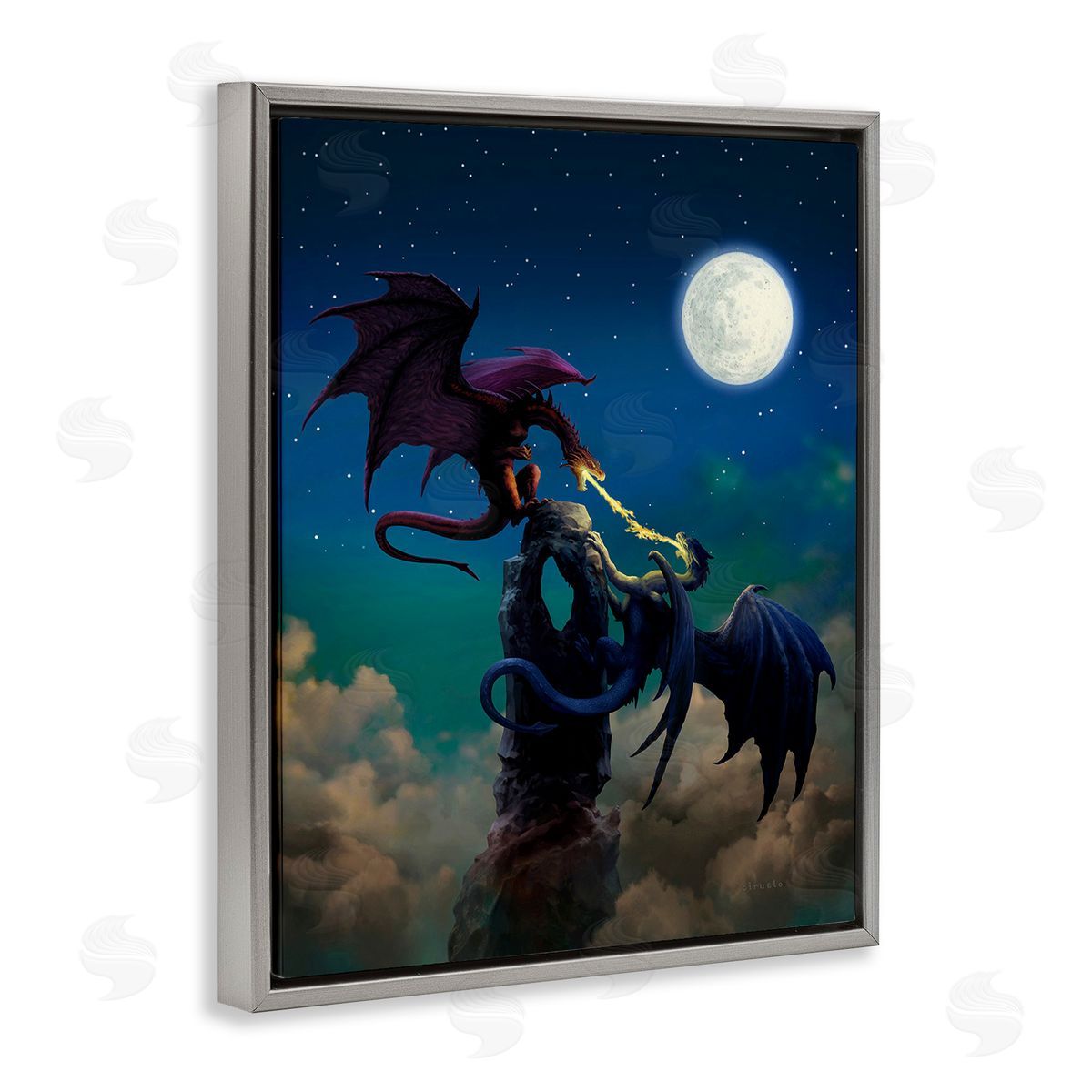 Ciruelo Battling Dragons at Night Gray Floating Frame Canvas Wall Art Print