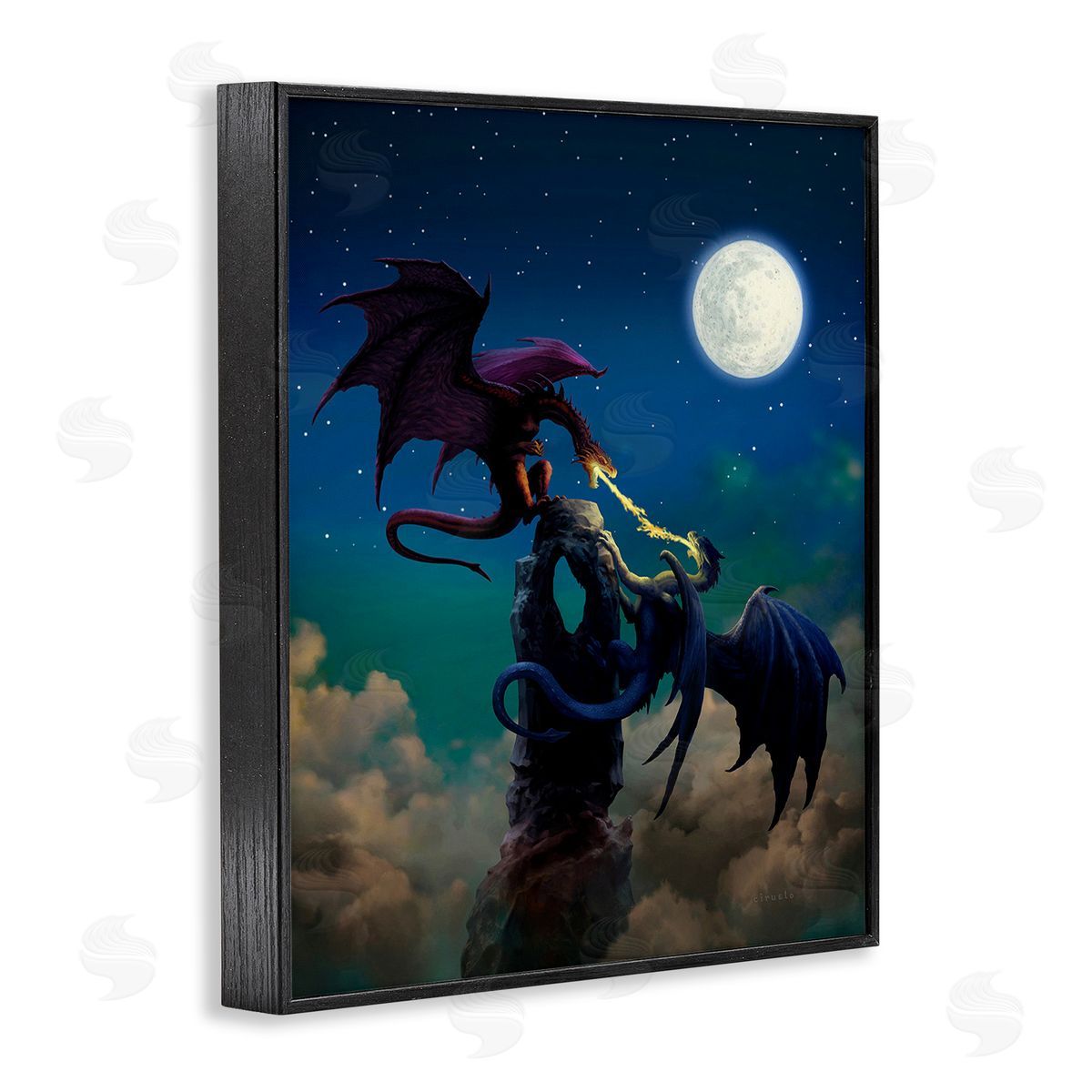 Ciruelo Battling Dragons at Night Black Framed Giclee Wall Art Print
