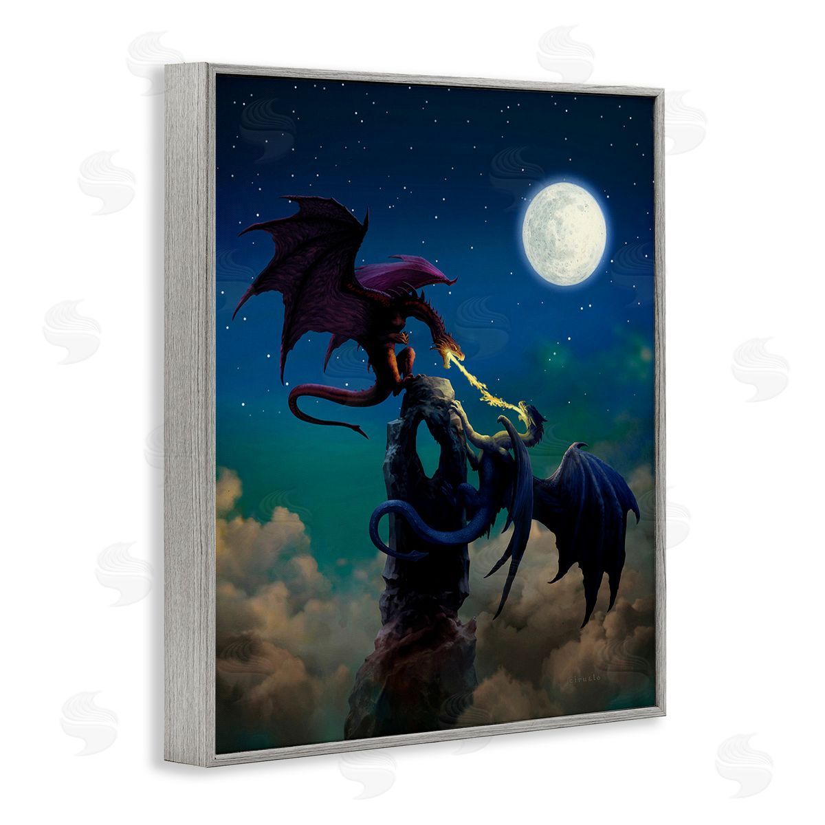 Ciruelo Battling Dragons at Night Gray Framed Giclee Wall Art Print