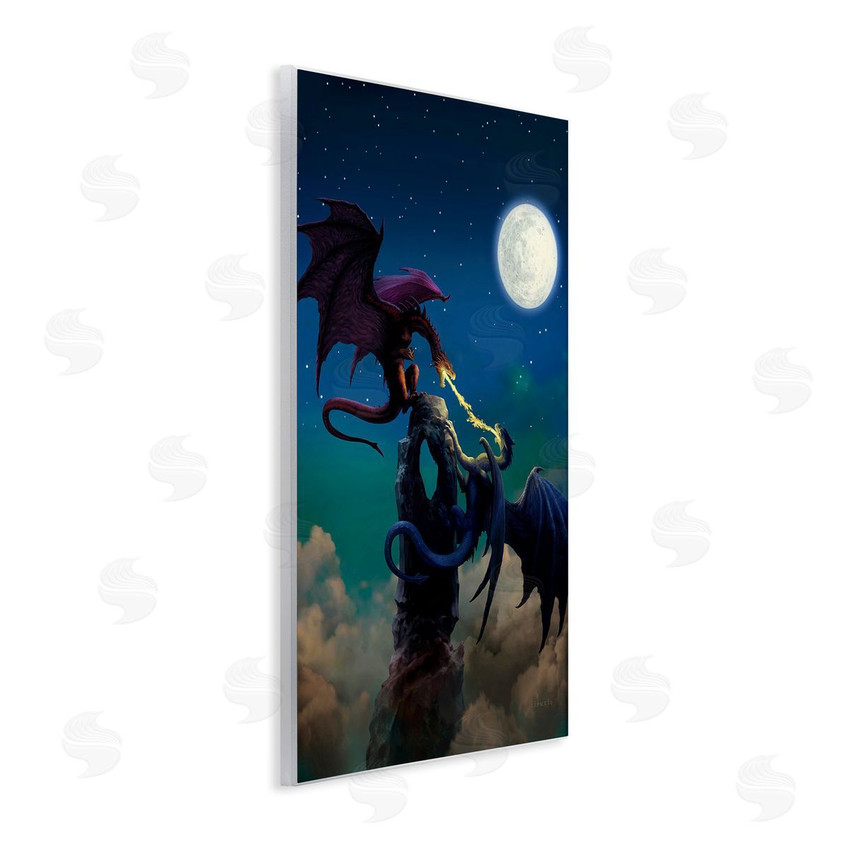 Ciruelo Battling Dragons at Night Wooden Wall Plaque Art Print