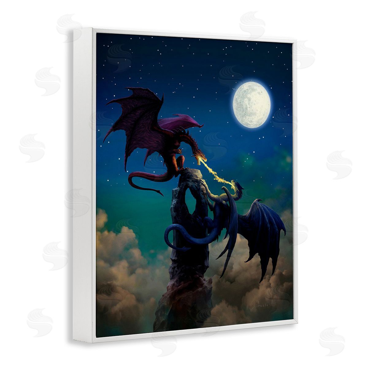 Ciruelo Battling Dragons at Night White Framed Giclee Wall Art Print