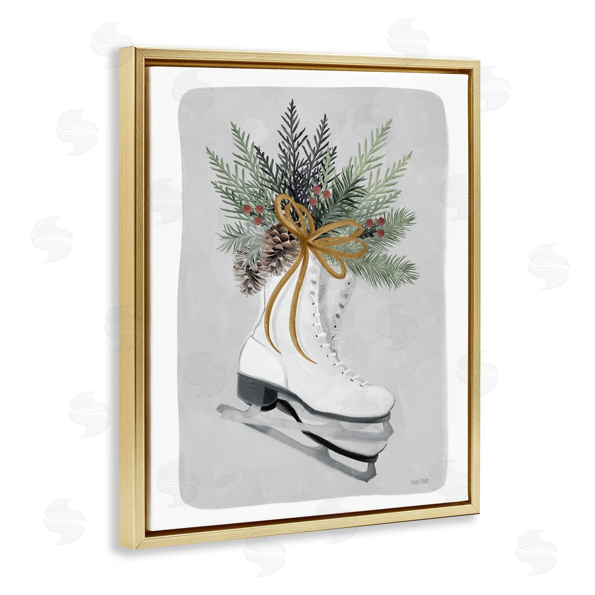 House Fenway Winter Skates & Pinecone Gold Floating Frame Canvas Wall Art Print