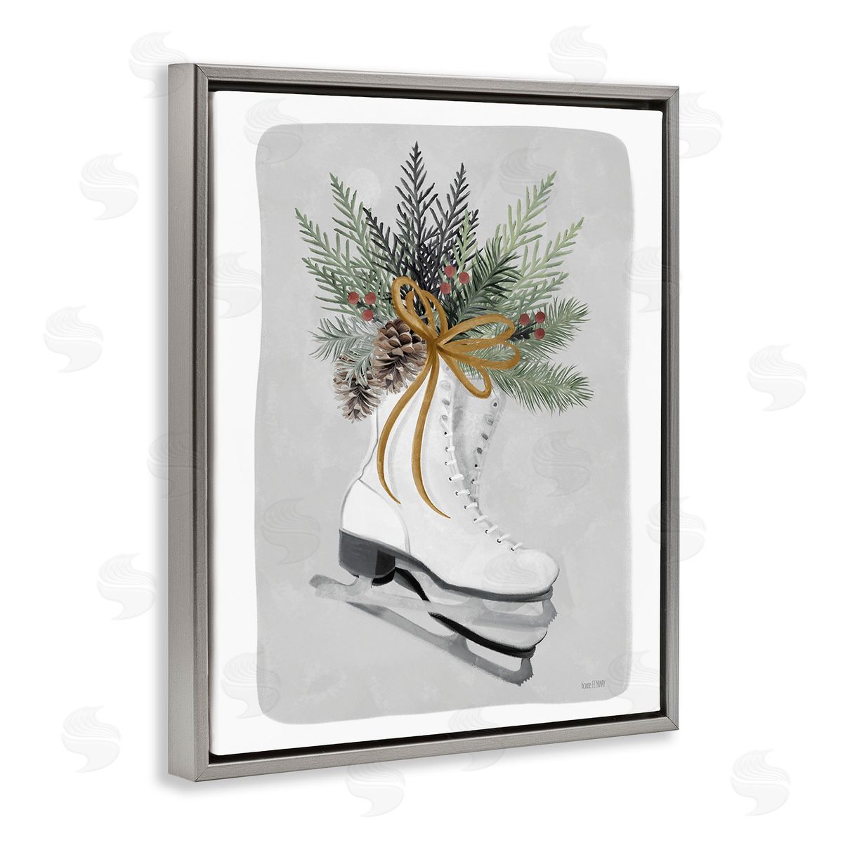 House Fenway Winter Skates & Pinecone Gray Floating Frame Canvas Wall Art Print
