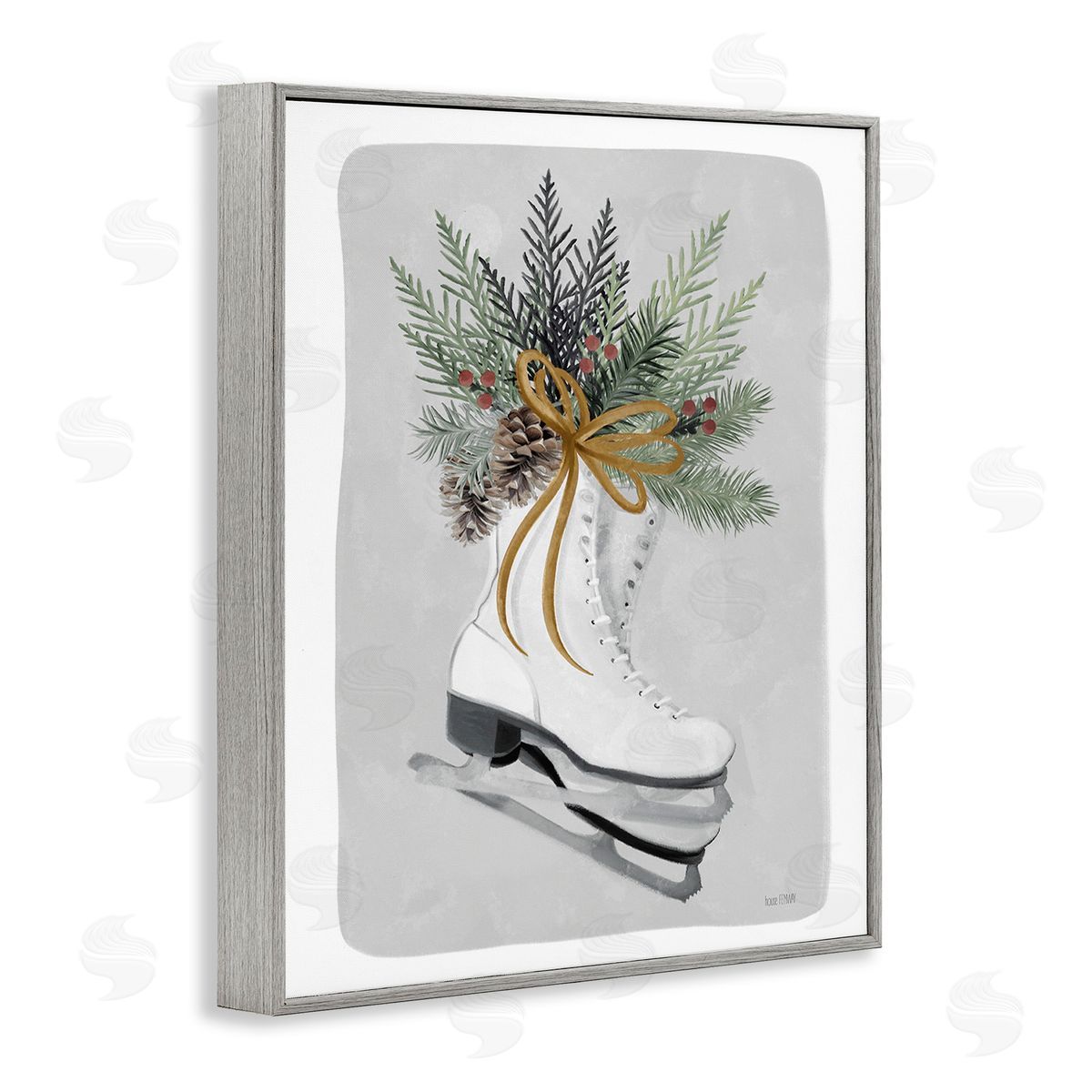 House Fenway Winter Skates & Pinecone Gray Framed Giclee Wall Art Print