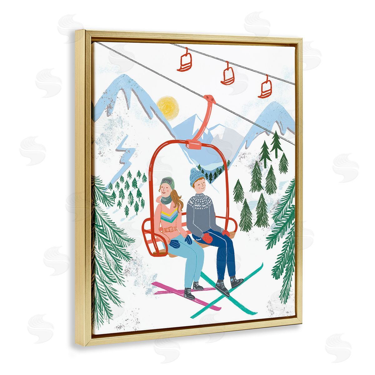 Jo Reid Winter Ski Lift Friends Gold Floating Frame Canvas Wall Art Print