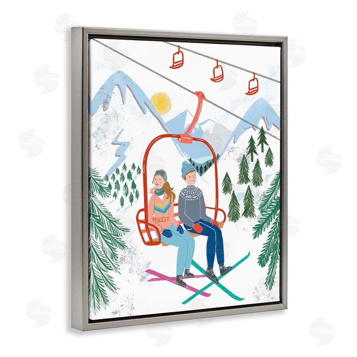 Jo Reid Winter Ski Lift Friends Gray Floating Frame Canvas Wall Art Print