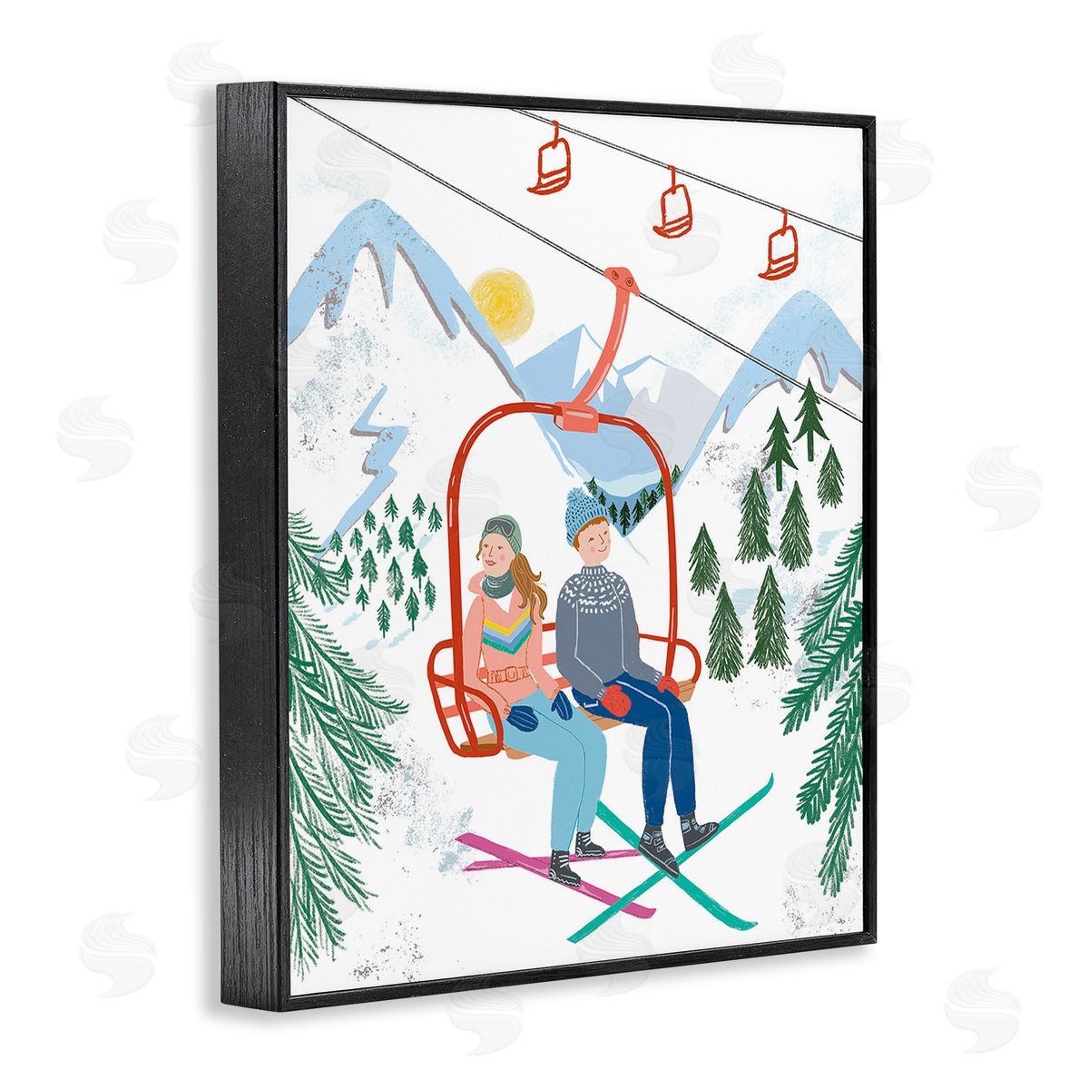 Jo Reid Winter Ski Lift Friends Black Framed Giclee Wall Art Print