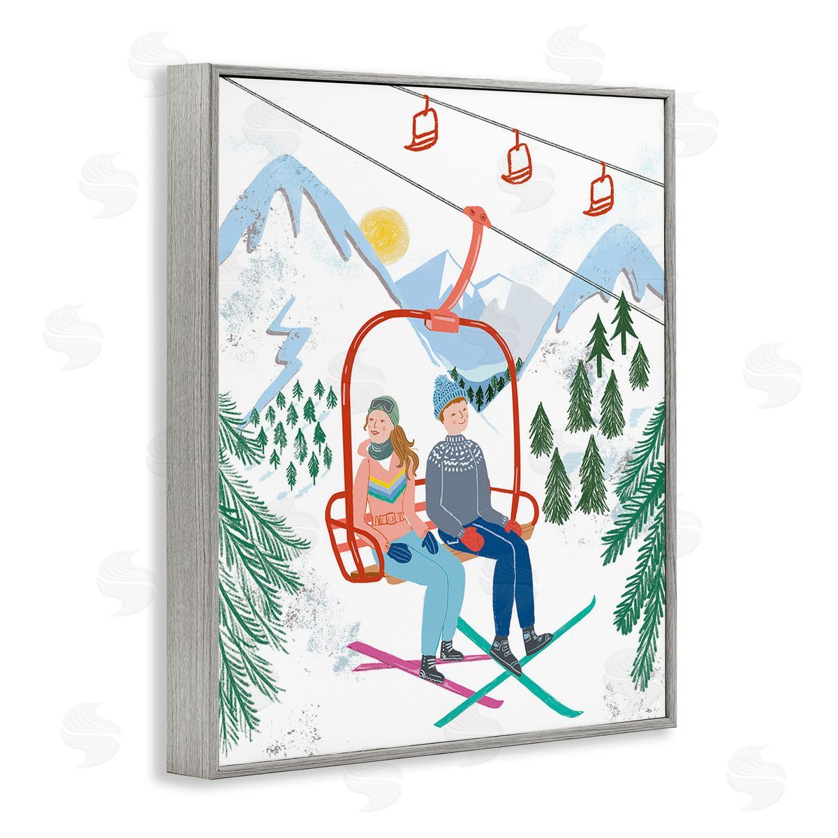 Jo Reid Winter Ski Lift Friends Gray Framed Giclee Wall Art Print