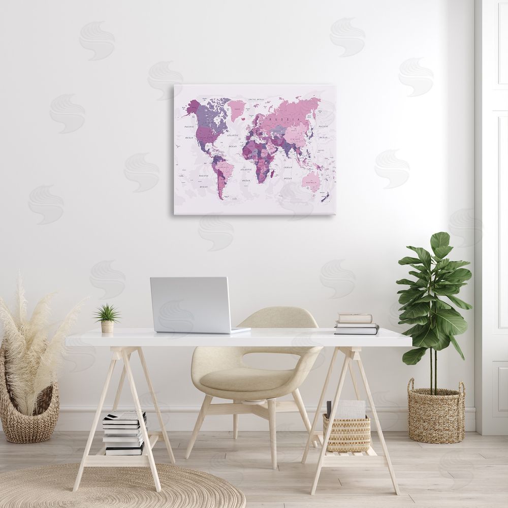 Urban Epiphany Detailed Pink World Map Canvas Wall Art Print in Room