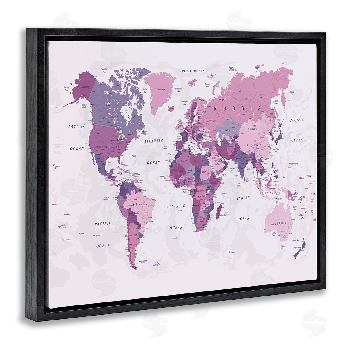 Urban Epiphany Detailed Pink World Map Black Floating Frame Canvas Wall Art Print