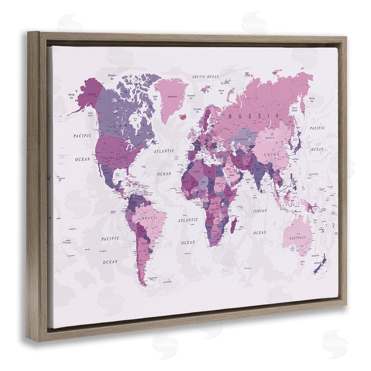 Urban Epiphany Detailed Pink World Map Brown Floating Frame Canvas Wall Art Print