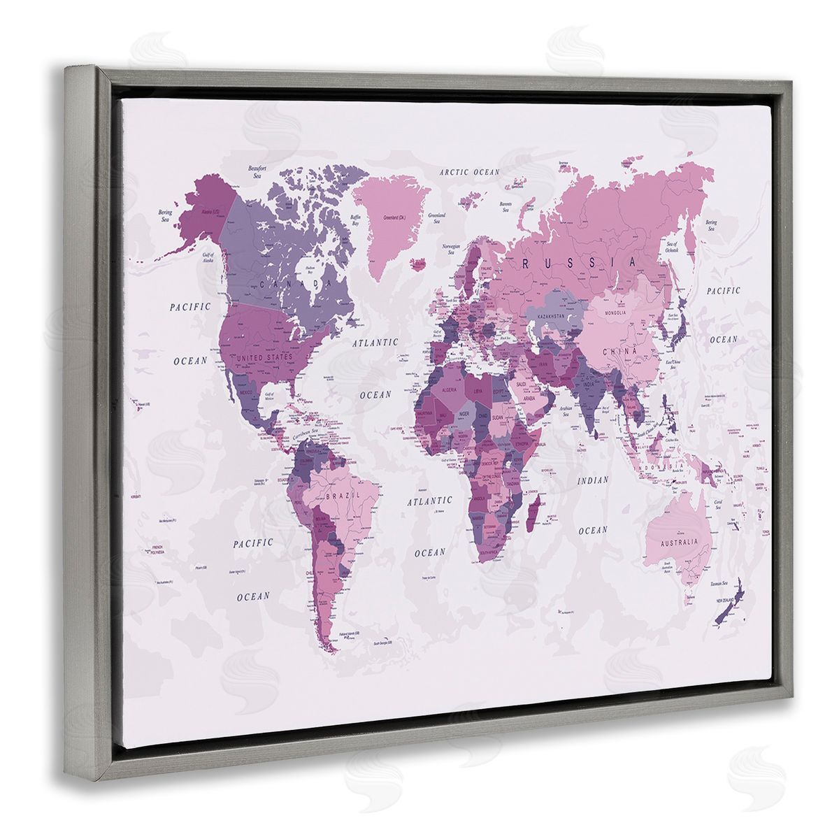Urban Epiphany Detailed Pink World Map Gray Floating Frame Canvas Wall Art Print